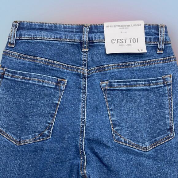C’EST TOI Women’s 7 / 27 Mid Rise Button Down Wide Flare Blue Jeans - Picture 3 of 4